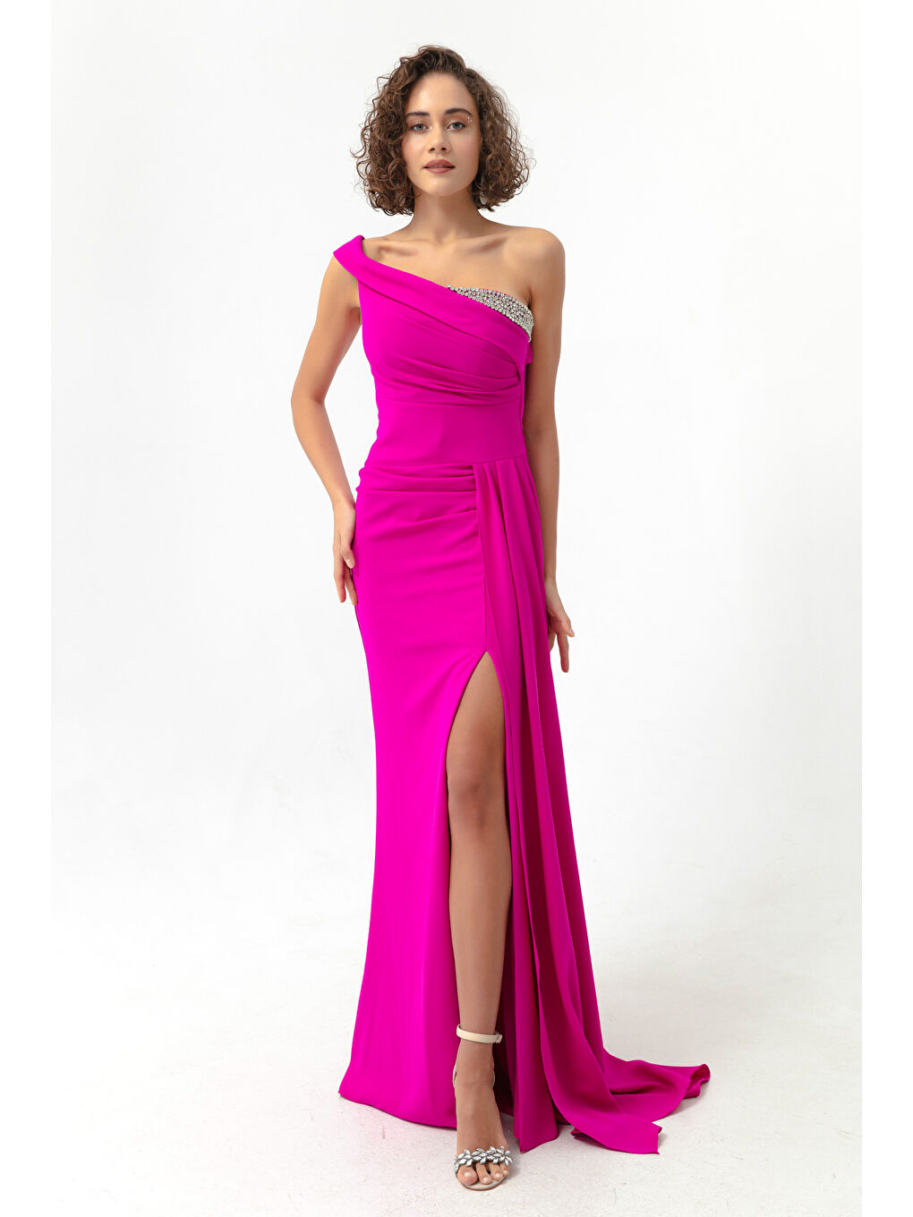 Kadın Fuşya Tek Omuzlu Taşlı Uzun Abiye Elbise-1