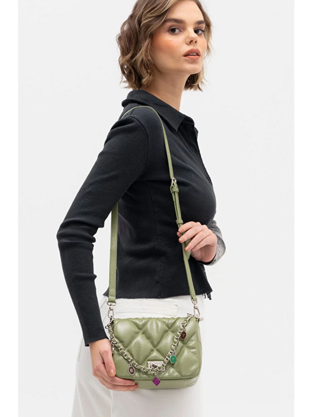 Yeşil Zincir Aksesuarlı Kadın Omuz Çantası BYN1113-2