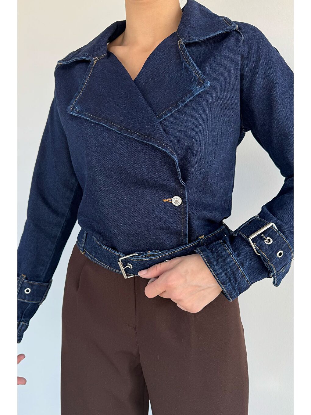 Lacivert Kadın Kruvaze Yaka Kemer Detaylı Jean Jean Ceket-2