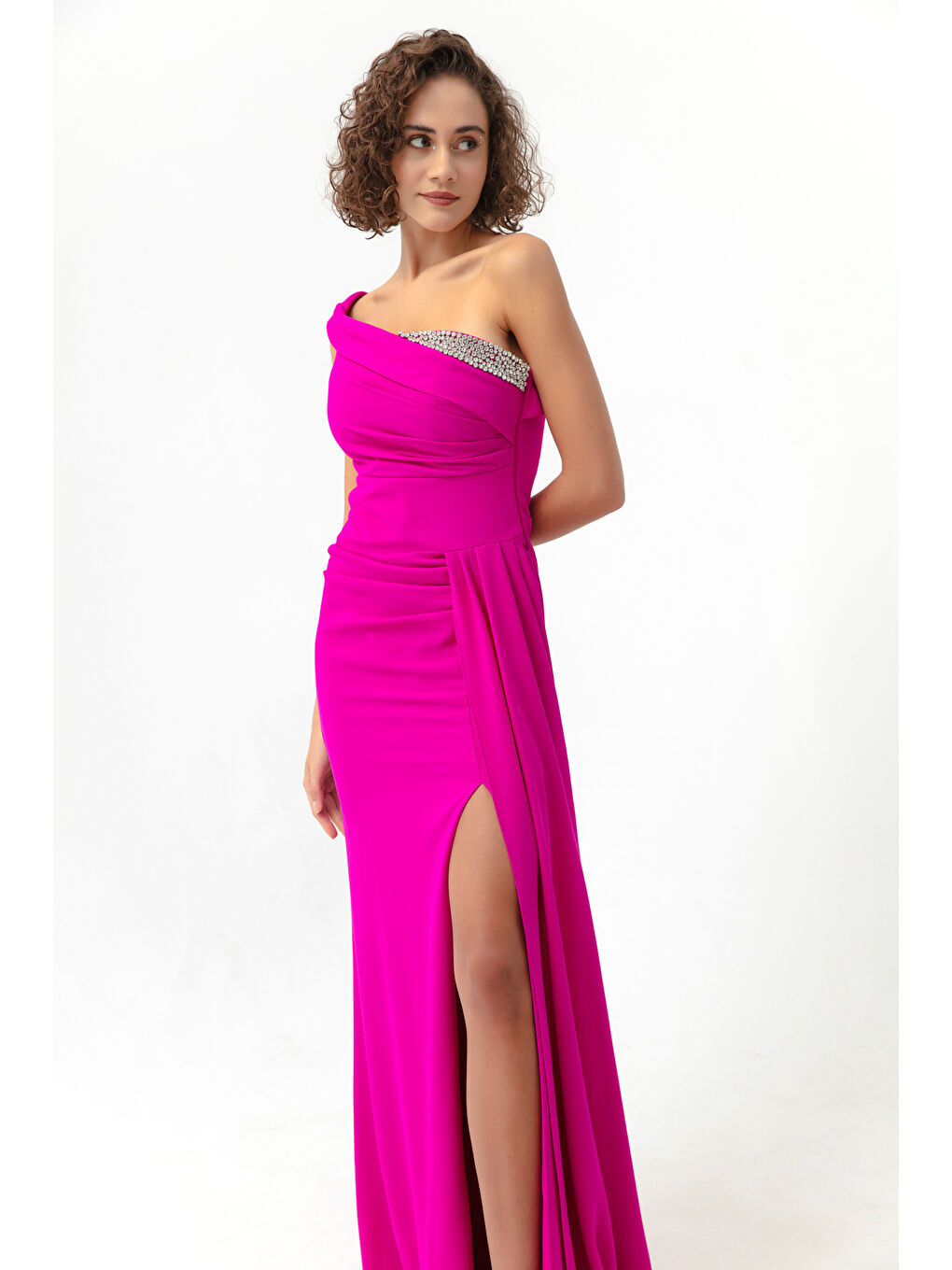 Kadın Fuşya Tek Omuzlu Taşlı Uzun Abiye Elbise-2