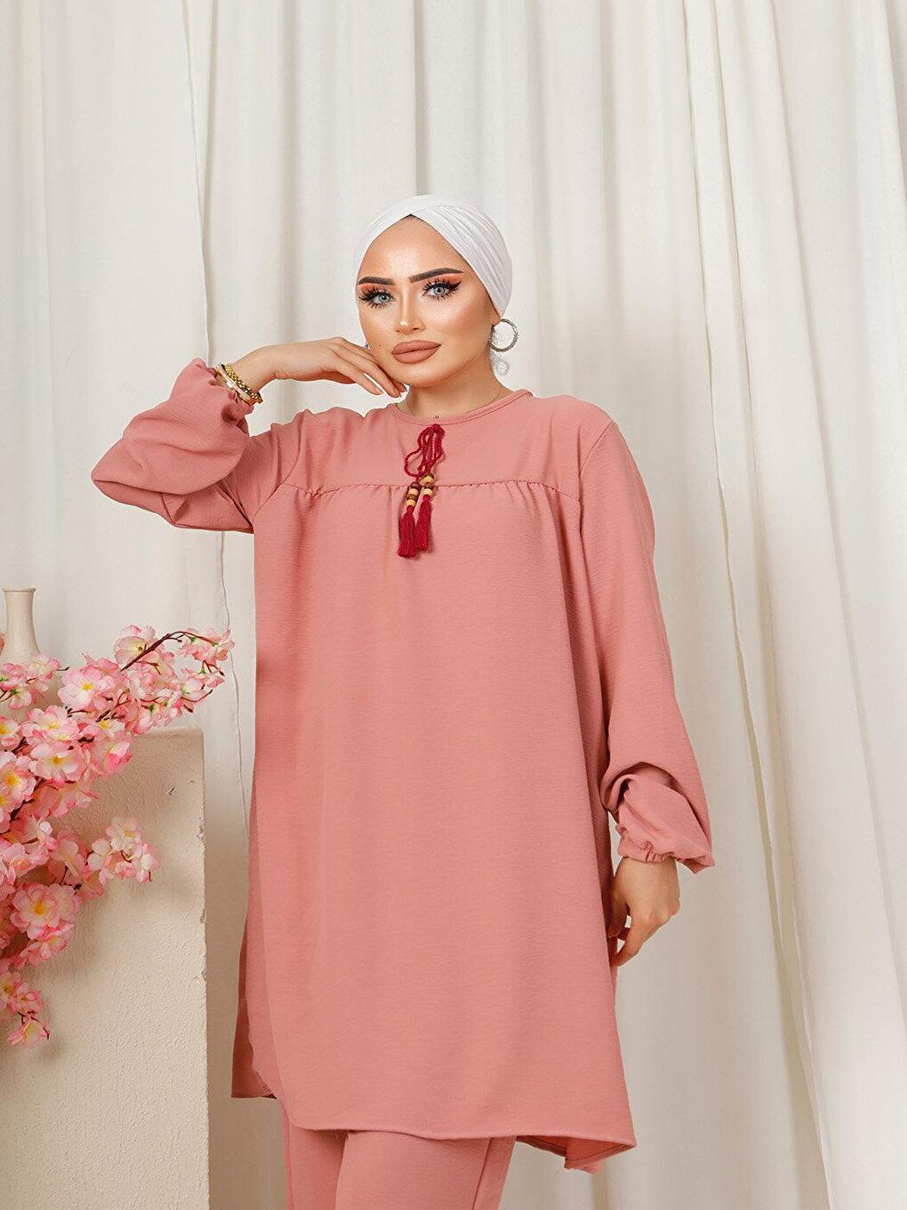 Pembe Boncuk Kolye Detaylı Aerobin Kadın Pudra İkili Takım-4