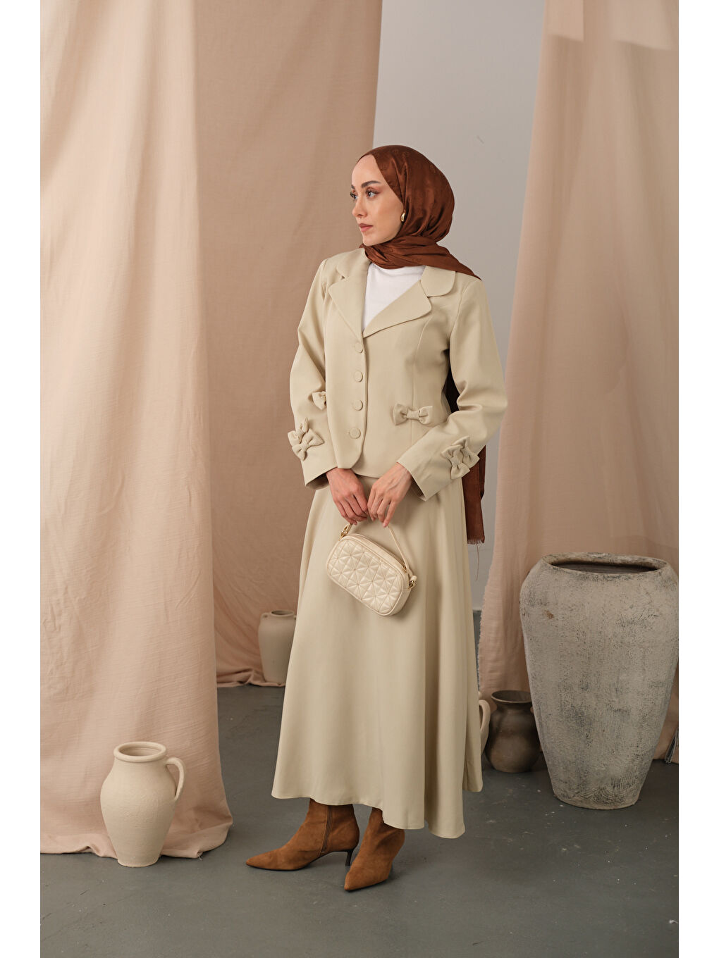 Ekru Kadın Kurdele Detaylı Takım Krem-3