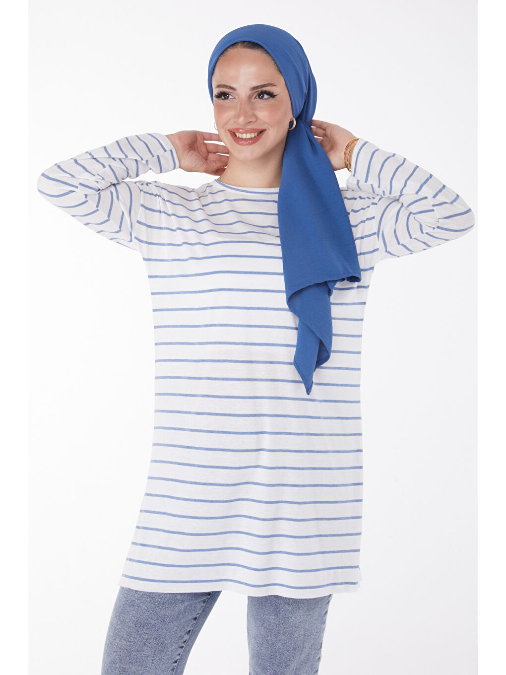 Çİzgili Yırtmaçlı Tunik Acik Mavi - 27134-2