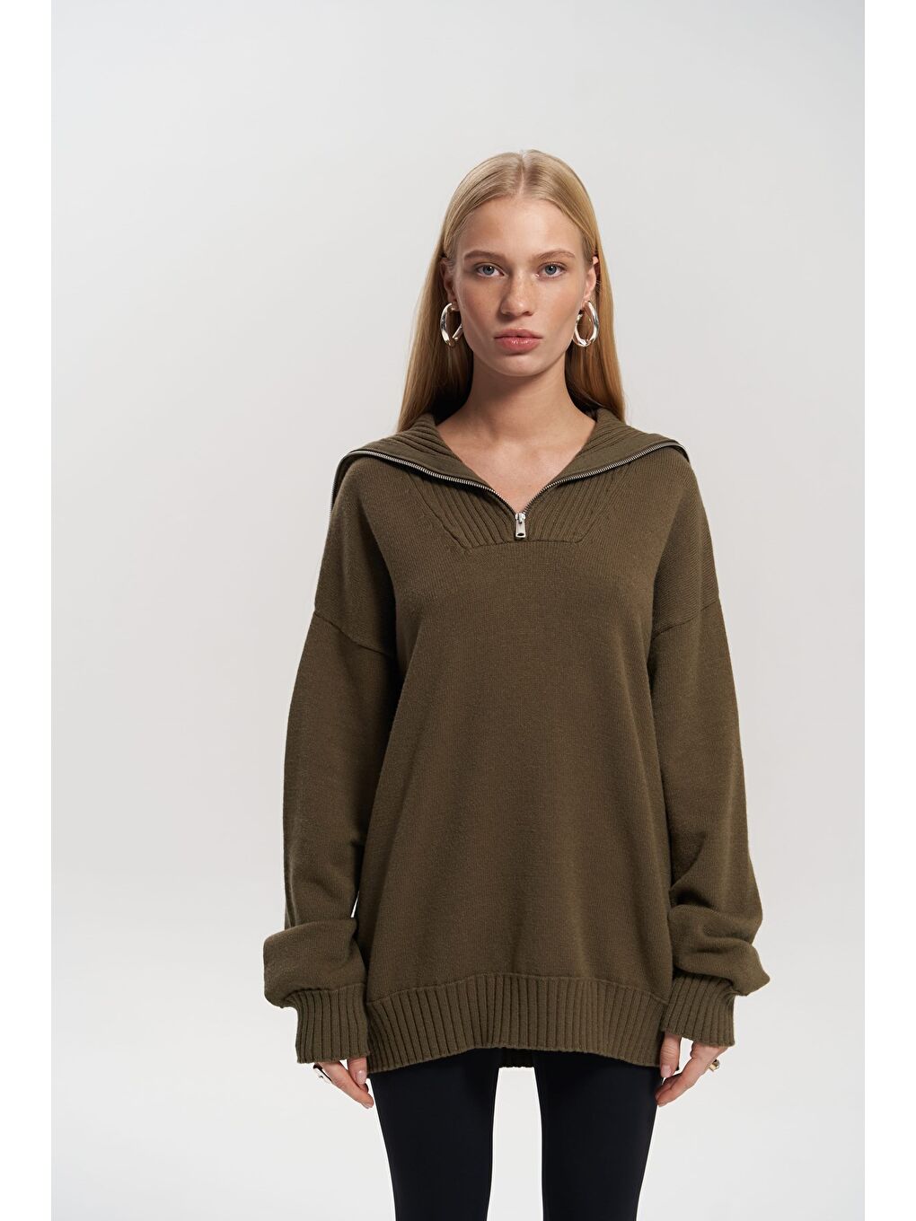 Lorna Fermuarlı Haki Triko Kazak-1