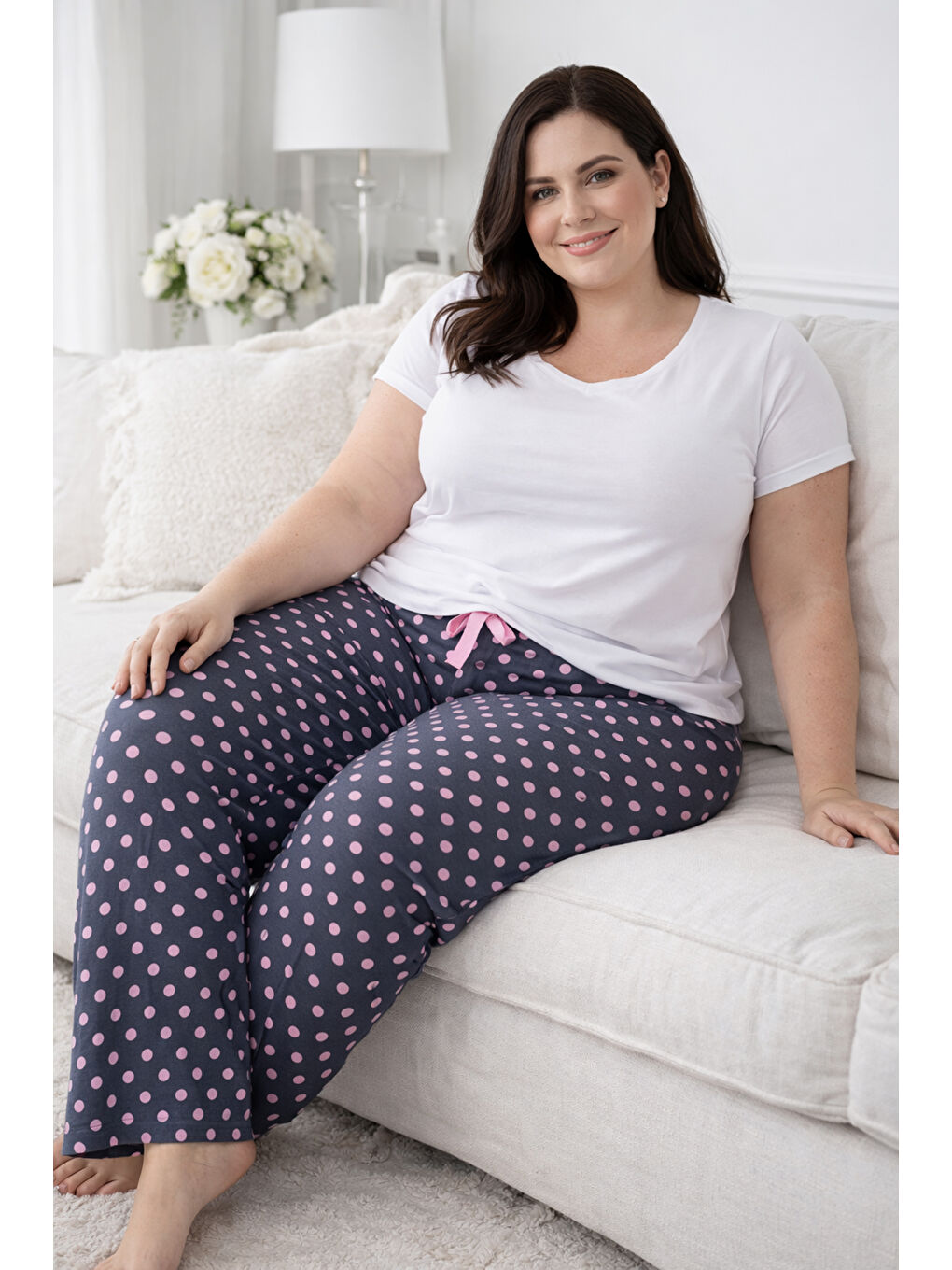 Büyük Beden Kadın Puantiye Desen Viskon Kumaş Penye Battal Tek Pijama Alt 03 Antrasit-1