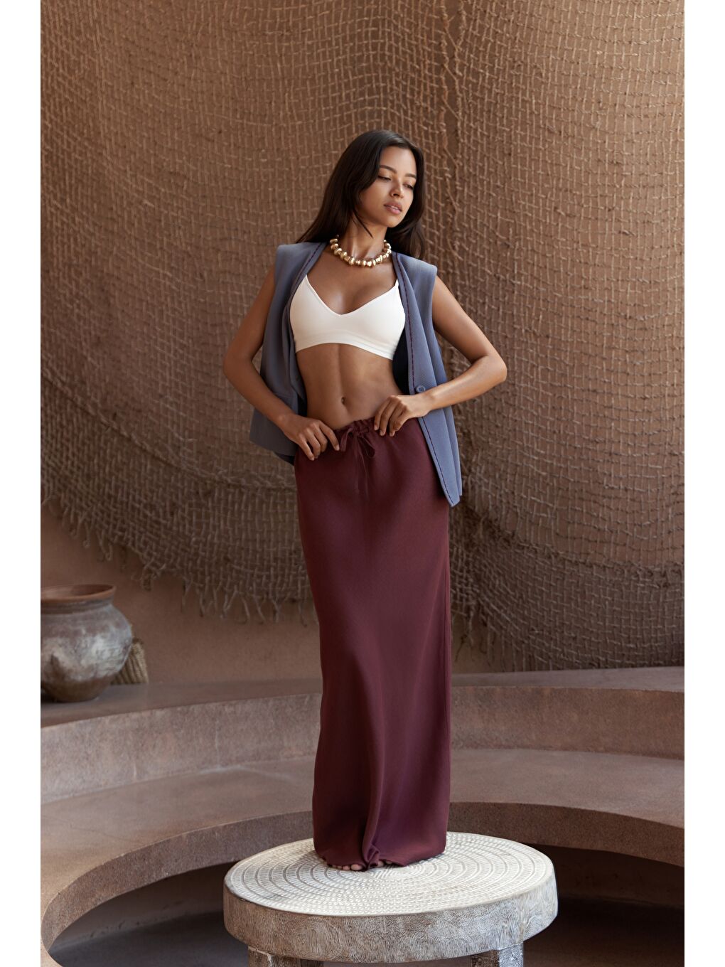 Dolly Bağcıklı Bordo Keten Etek