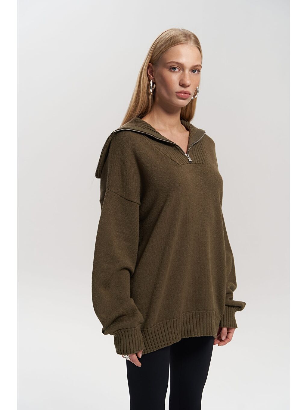 Lorna Fermuarlı Haki Triko Kazak-2