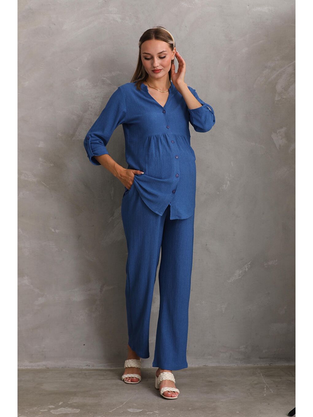 Saks Mavi Önden Düğmeli V yaka Hamile ve Lohusa Alt Üst Takım-1
