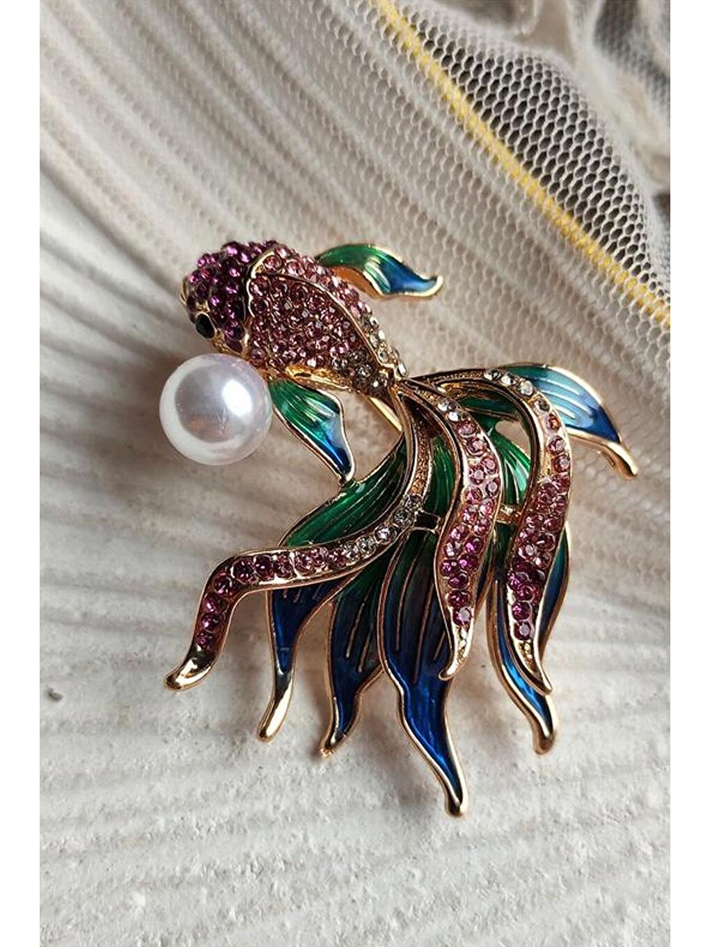 Sarı Beta Balığı kristal Taşlı Yaka İğnesi Broş-2