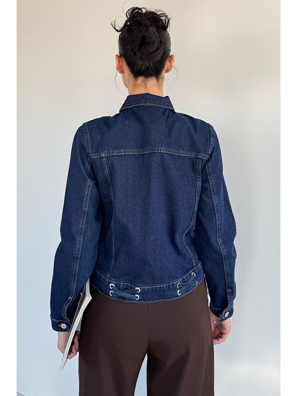 Lacivert Kadın Kruvaze Yaka Kemer Detaylı Jean Jean Ceket-3