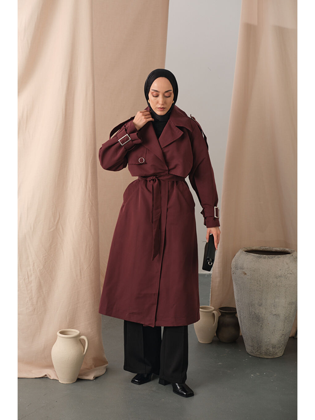 Kadın Kol Bilek Detay Bağlamalı Trençkot Bordo-2