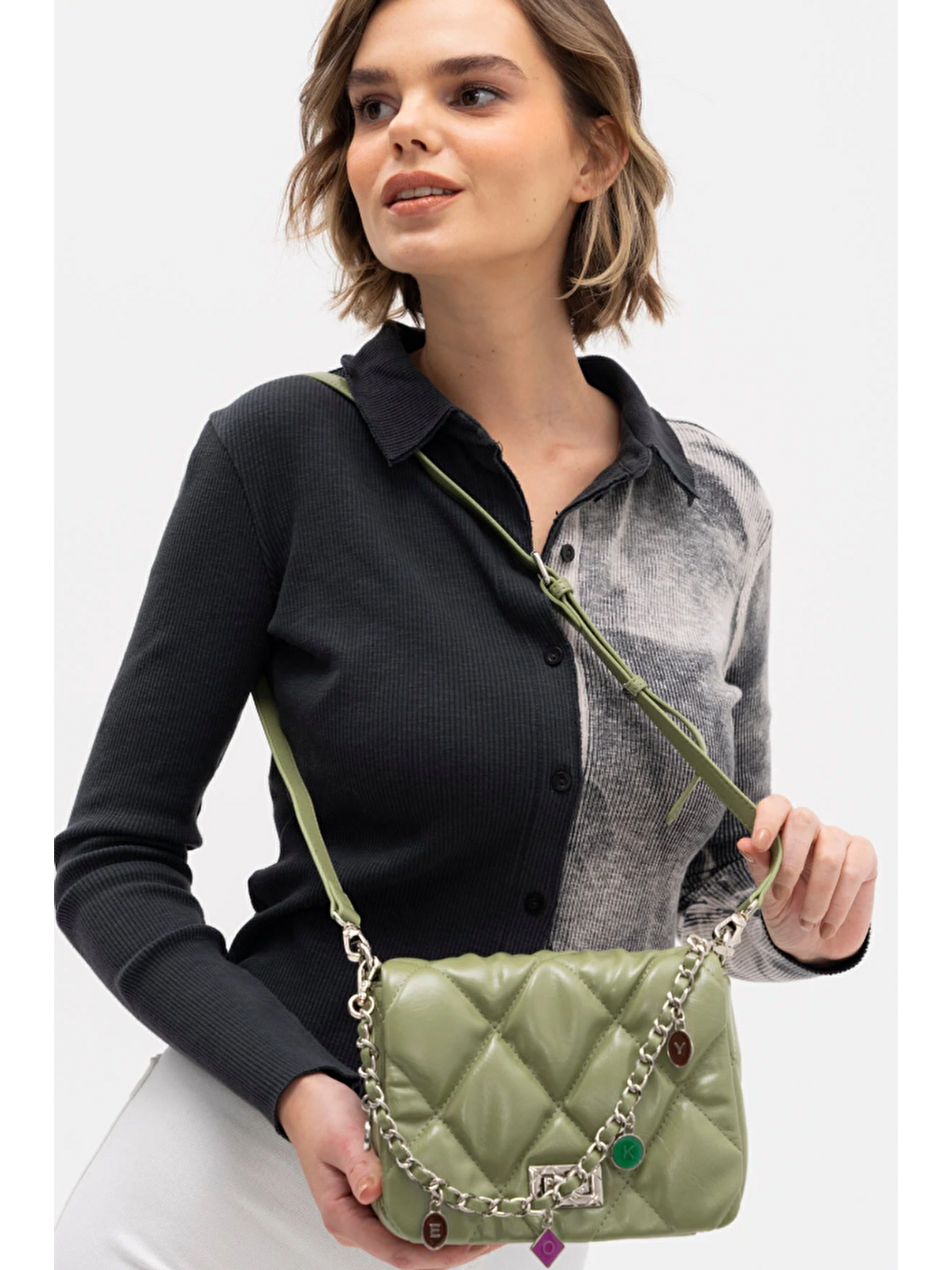 Yeşil Zincir Aksesuarlı Kadın Omuz Çantası BYN1113-3