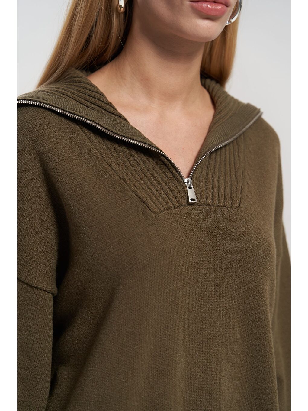 Lorna Fermuarlı Haki Triko Kazak-3
