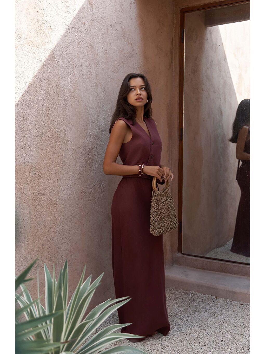 Dolly Bağcıklı Bordo Keten Etek-1