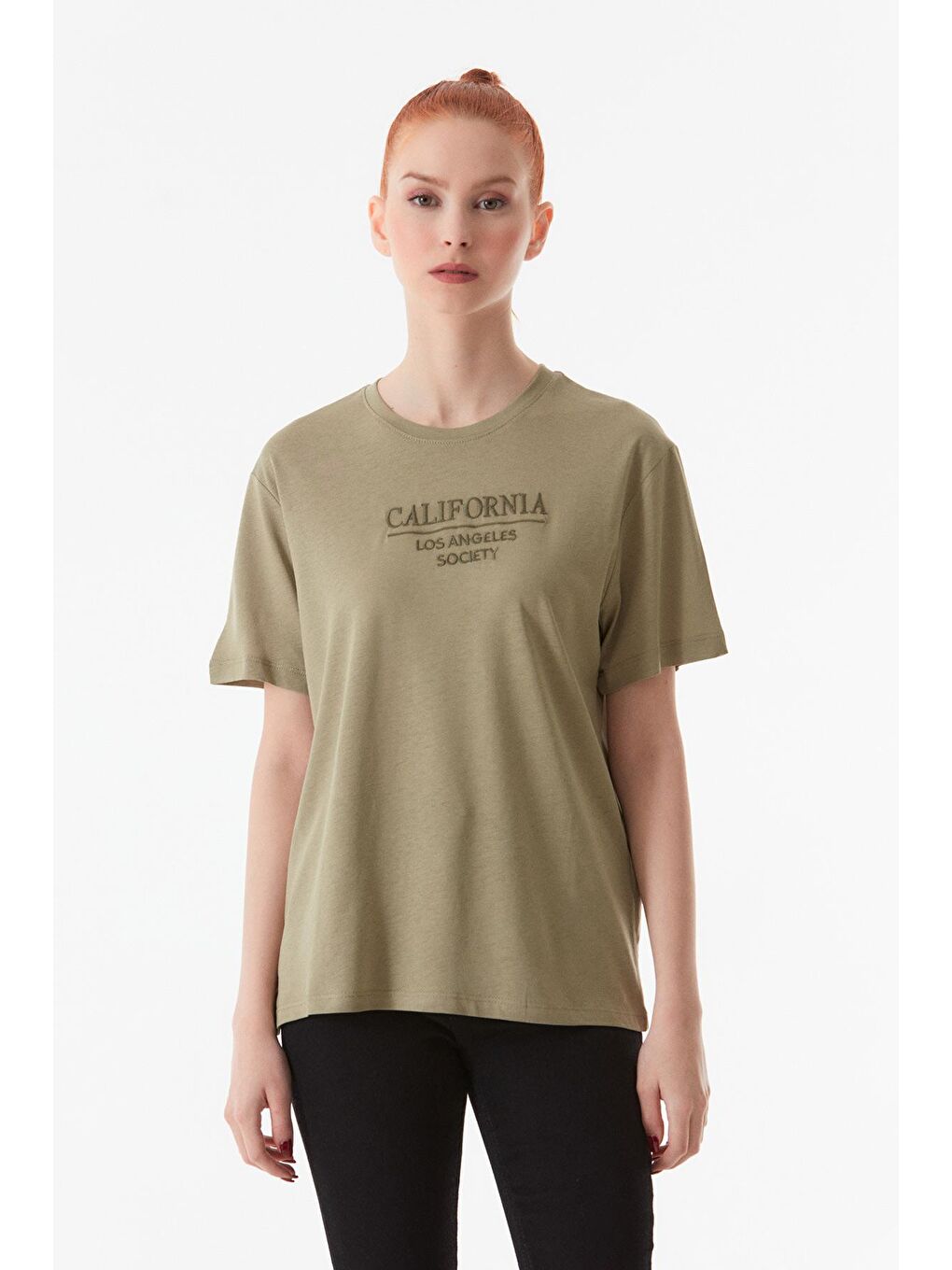 Haki California Nakışlı Oversize Tişört-1