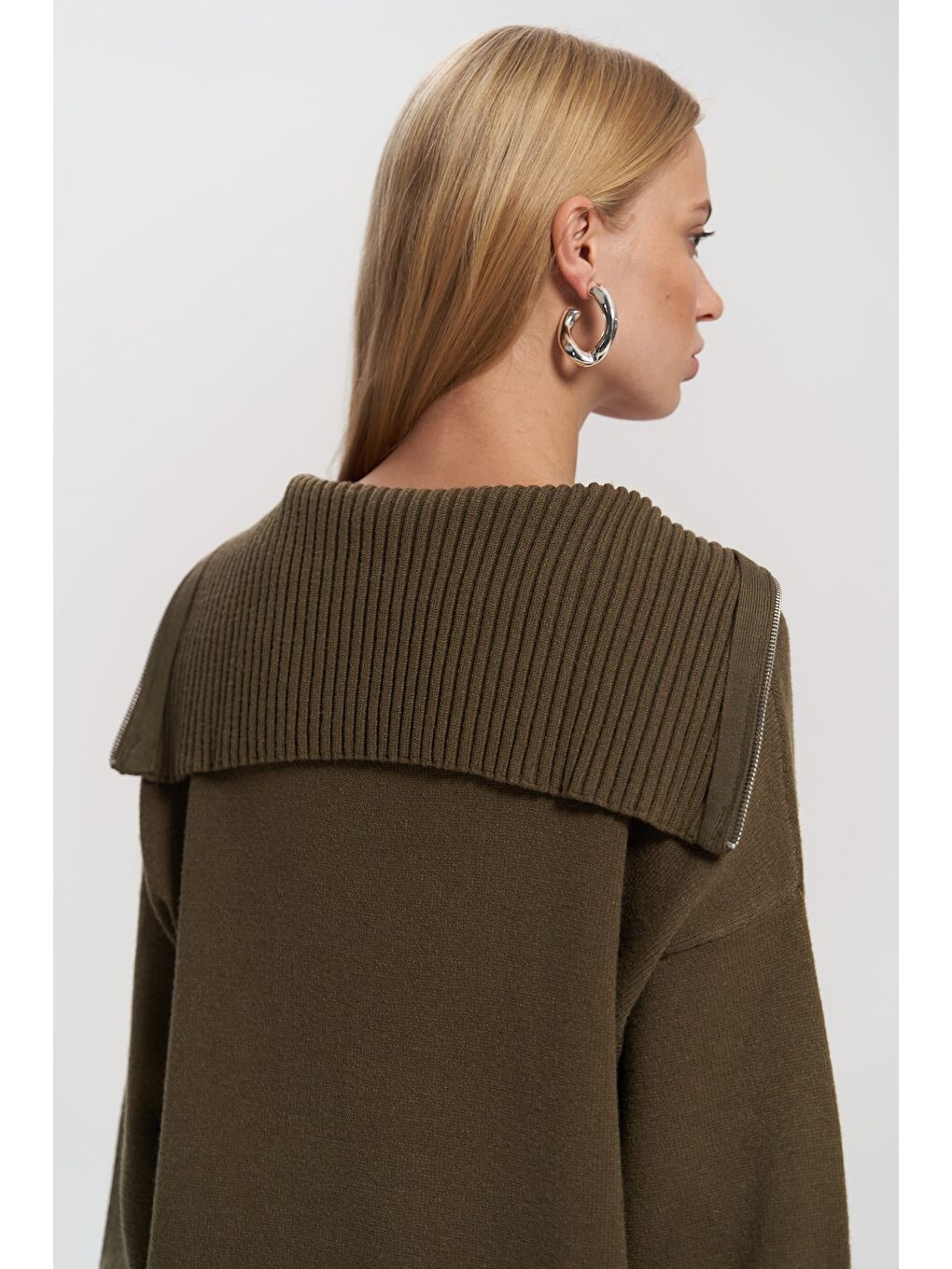 Lorna Fermuarlı Haki Triko Kazak-4