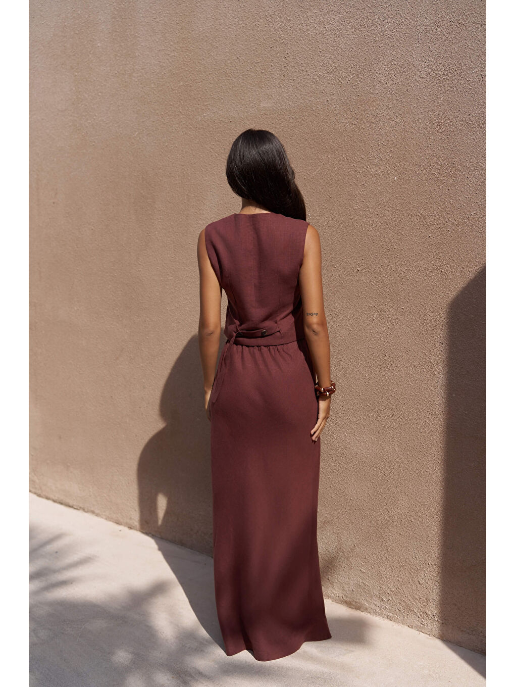 Dolly Bağcıklı Bordo Keten Etek-2