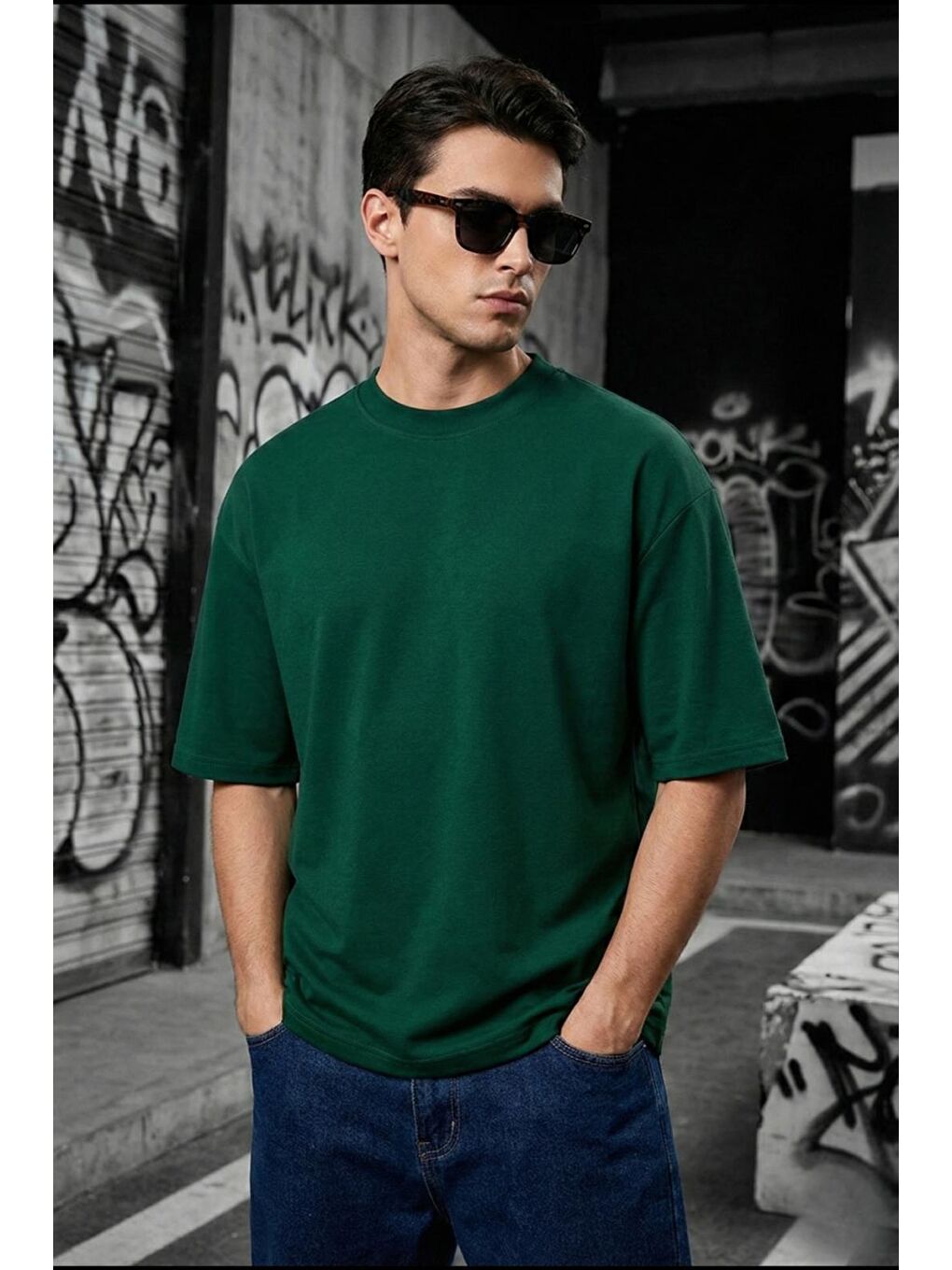 Yeşil Benriy Erkek Oversize Basic Bisiklet Yaka Pamuklu T-Shirt Rahat Kesim Unisex Sevgili Kombini