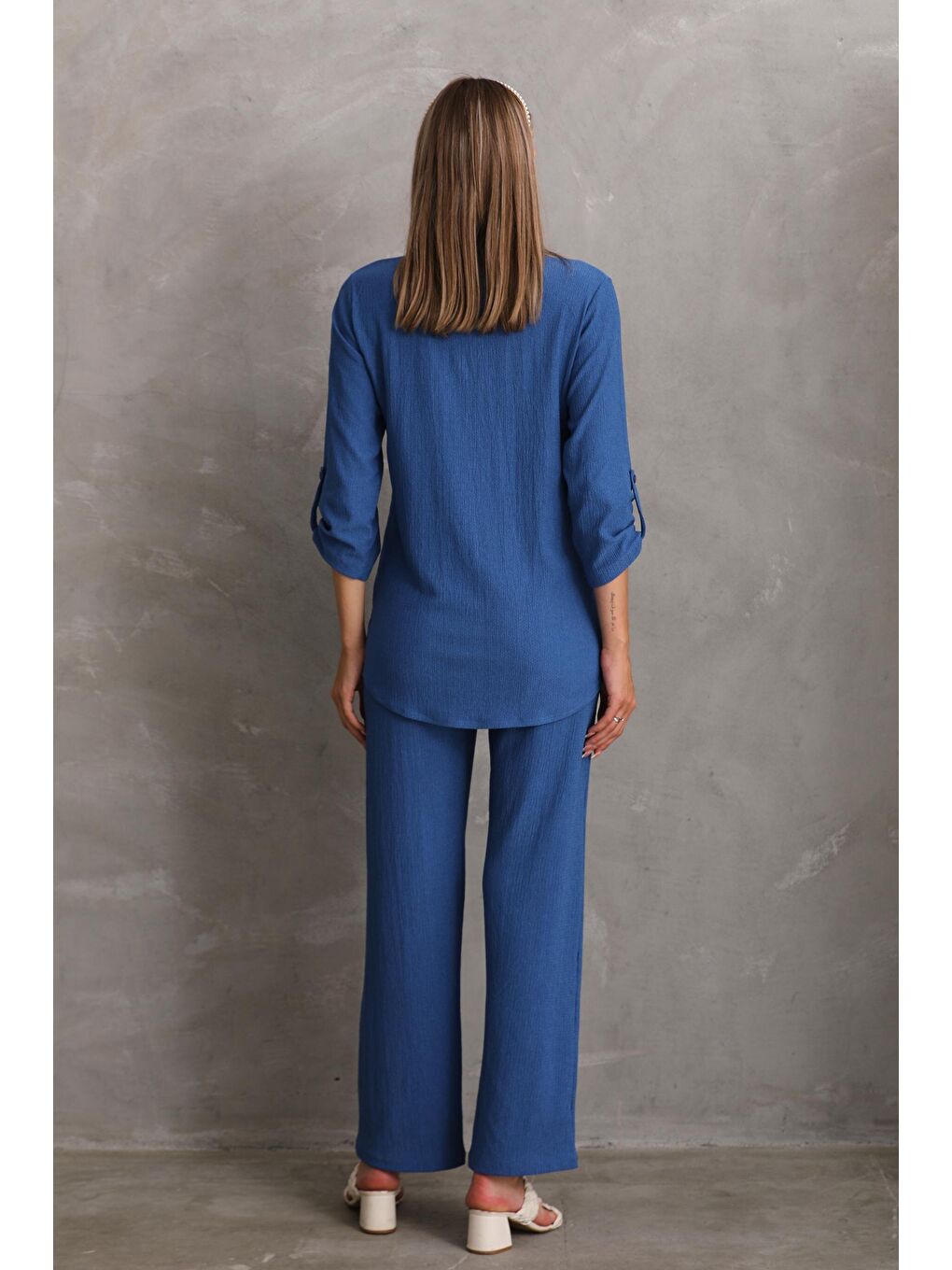 Saks Mavi Önden Düğmeli V yaka Hamile ve Lohusa Alt Üst Takım-2