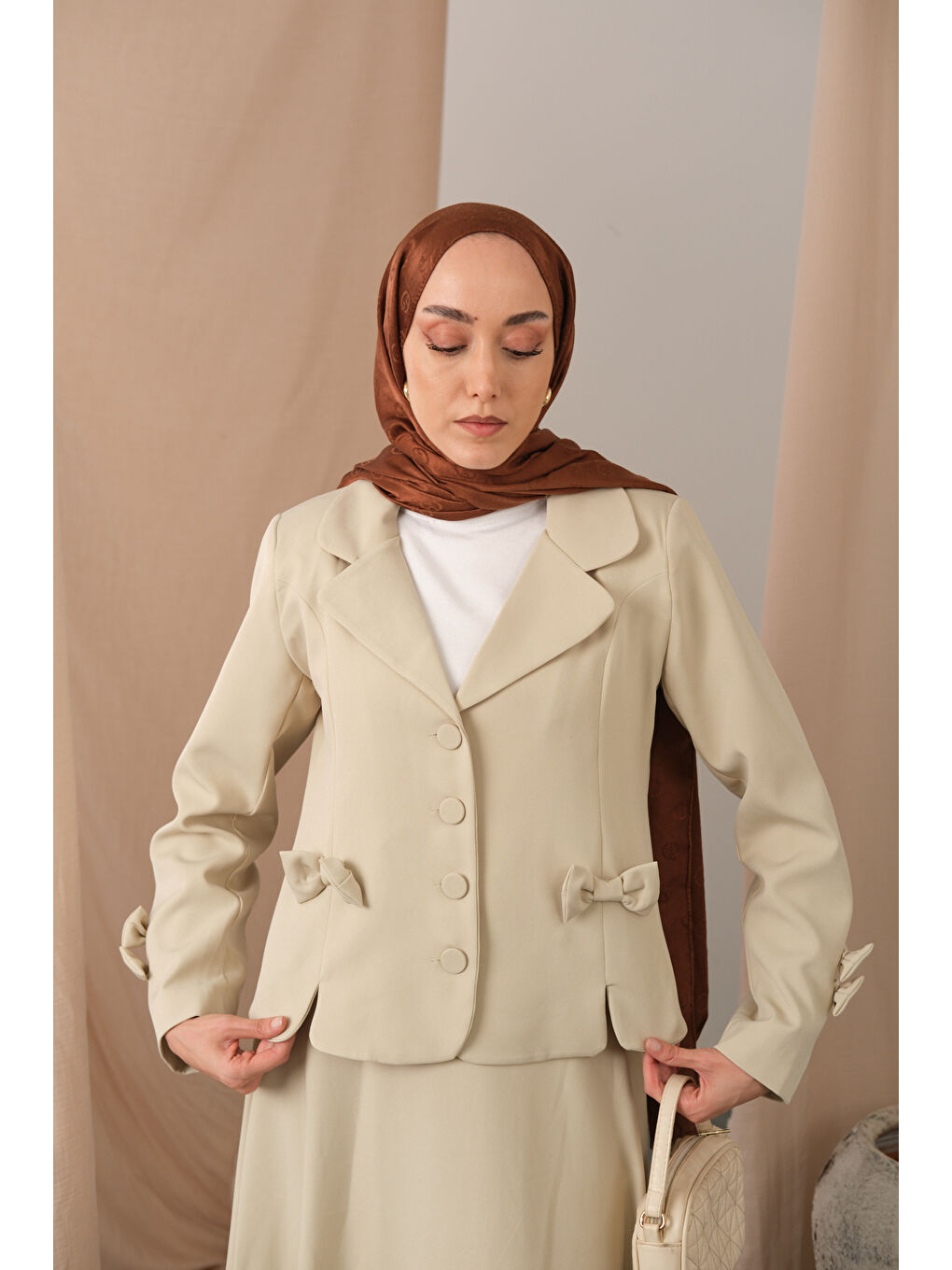 Ekru Kadın Kurdele Detaylı Takım Krem-4