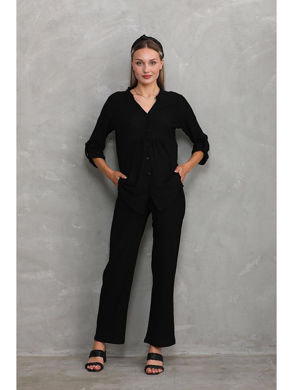 Siyah Önden Düğmeli V yaka Hamile ve Lohusa Alt Üst Takım