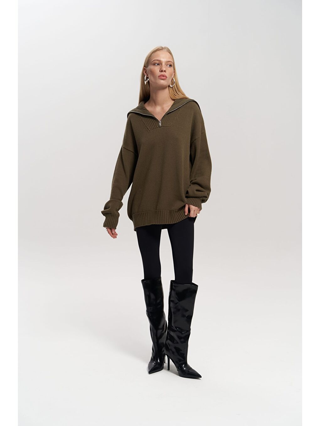 Lorna Fermuarlı Haki Triko Kazak-6