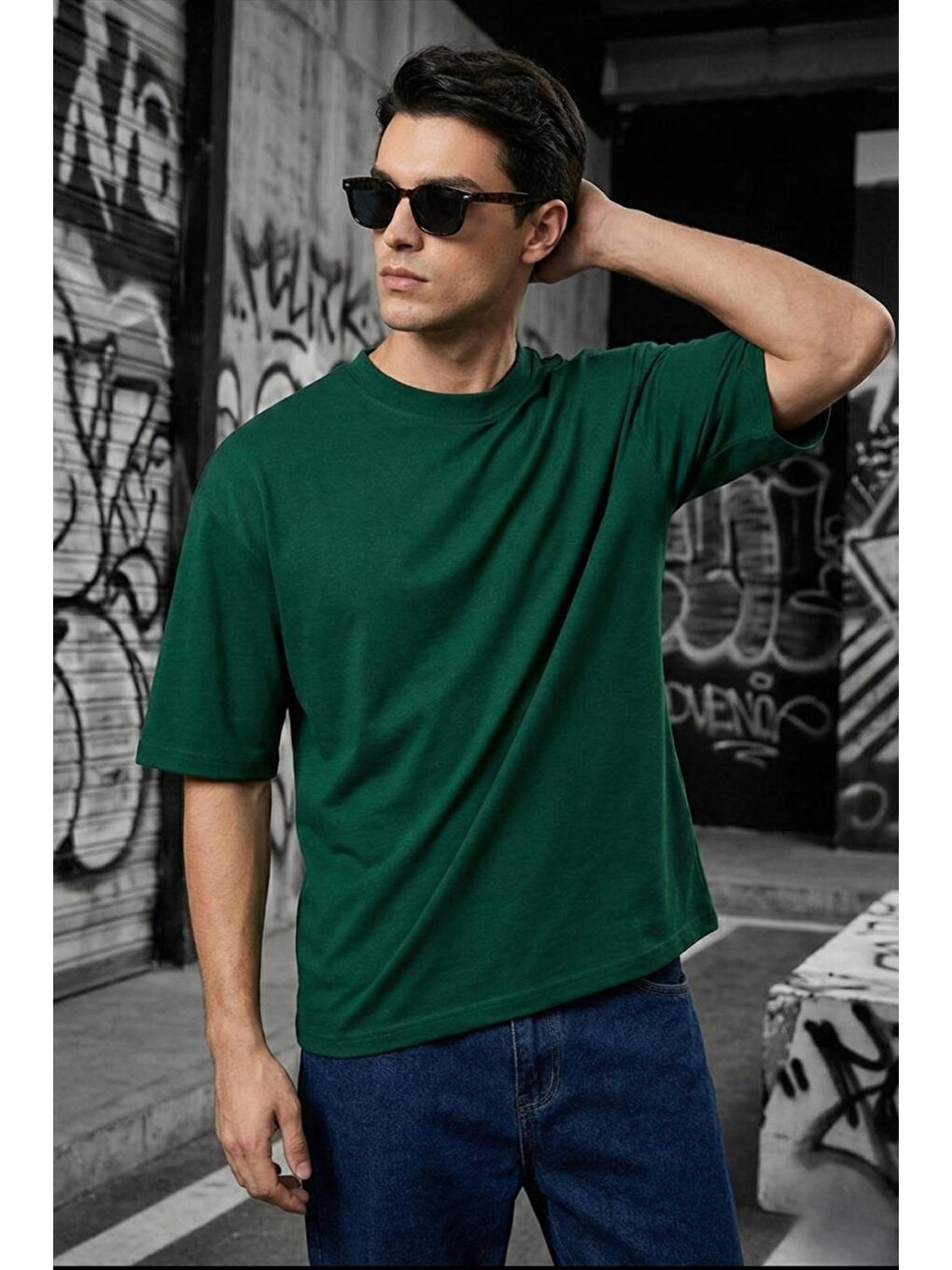 Yeşil Benriy Erkek Oversize Basic Bisiklet Yaka Pamuklu T-Shirt Rahat Kesim Unisex Sevgili Kombini-1