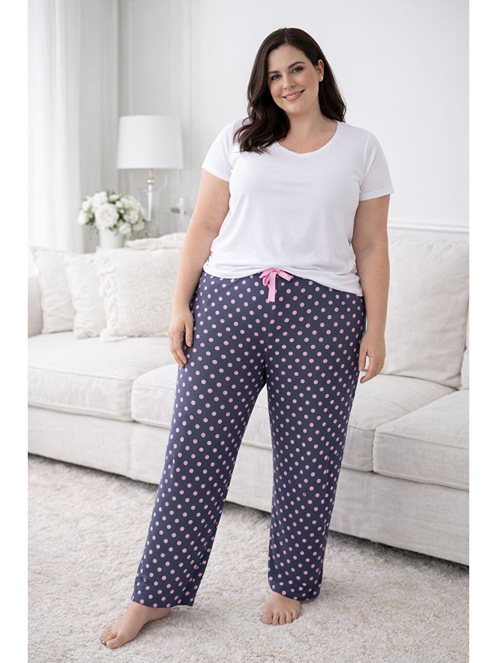 Büyük Beden Kadın Puantiye Desen Viskon Kumaş Penye Battal Tek Pijama Alt 03 Antrasit-2