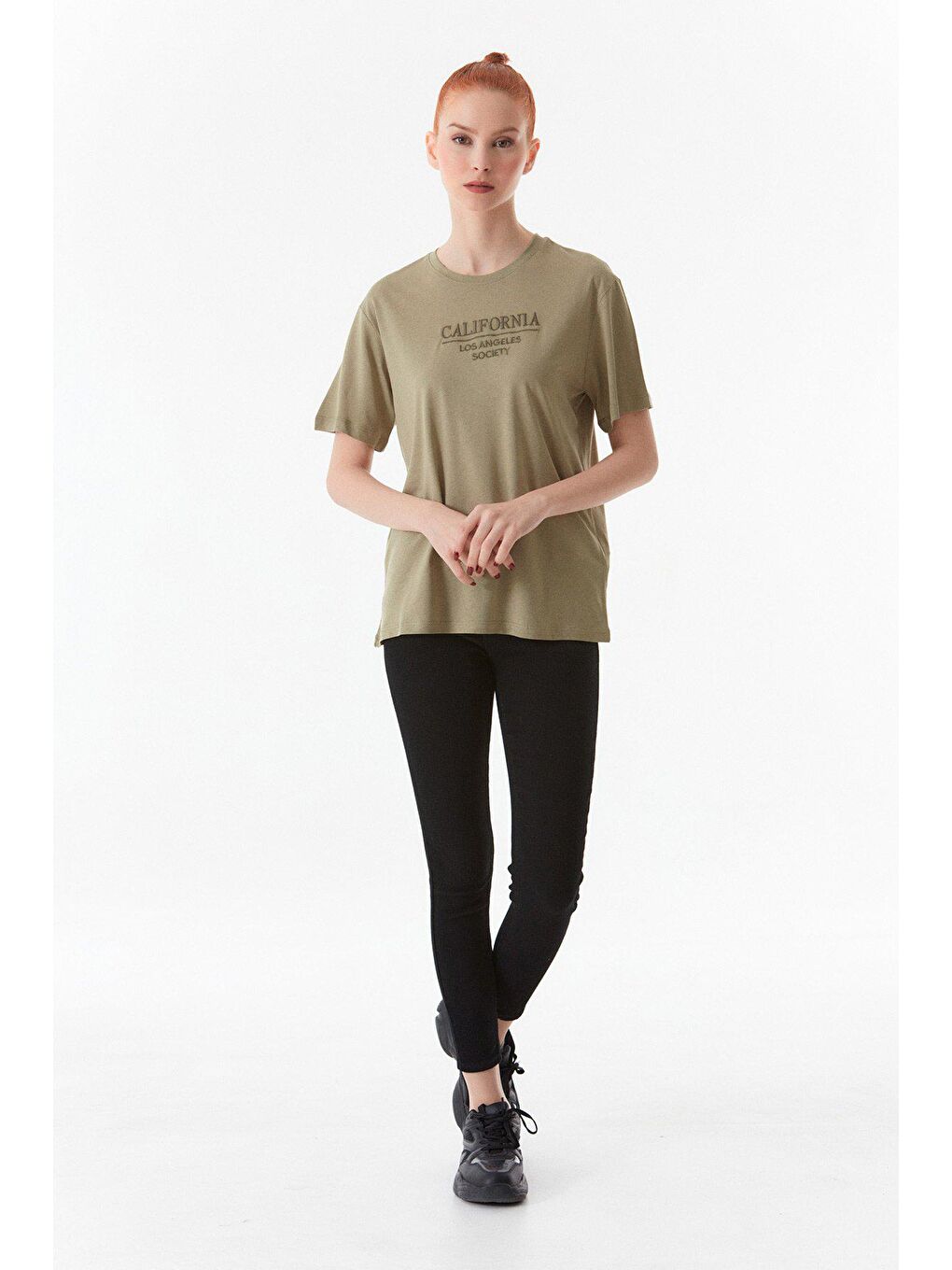 Haki California Nakışlı Oversize Tişört-2
