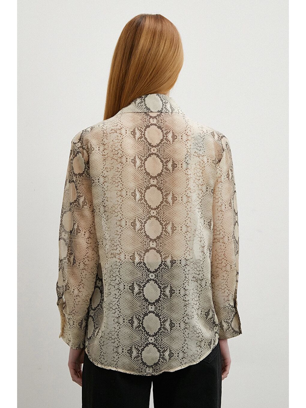 Yılan Derisi Desenli Tül Gömlek Bej-2
