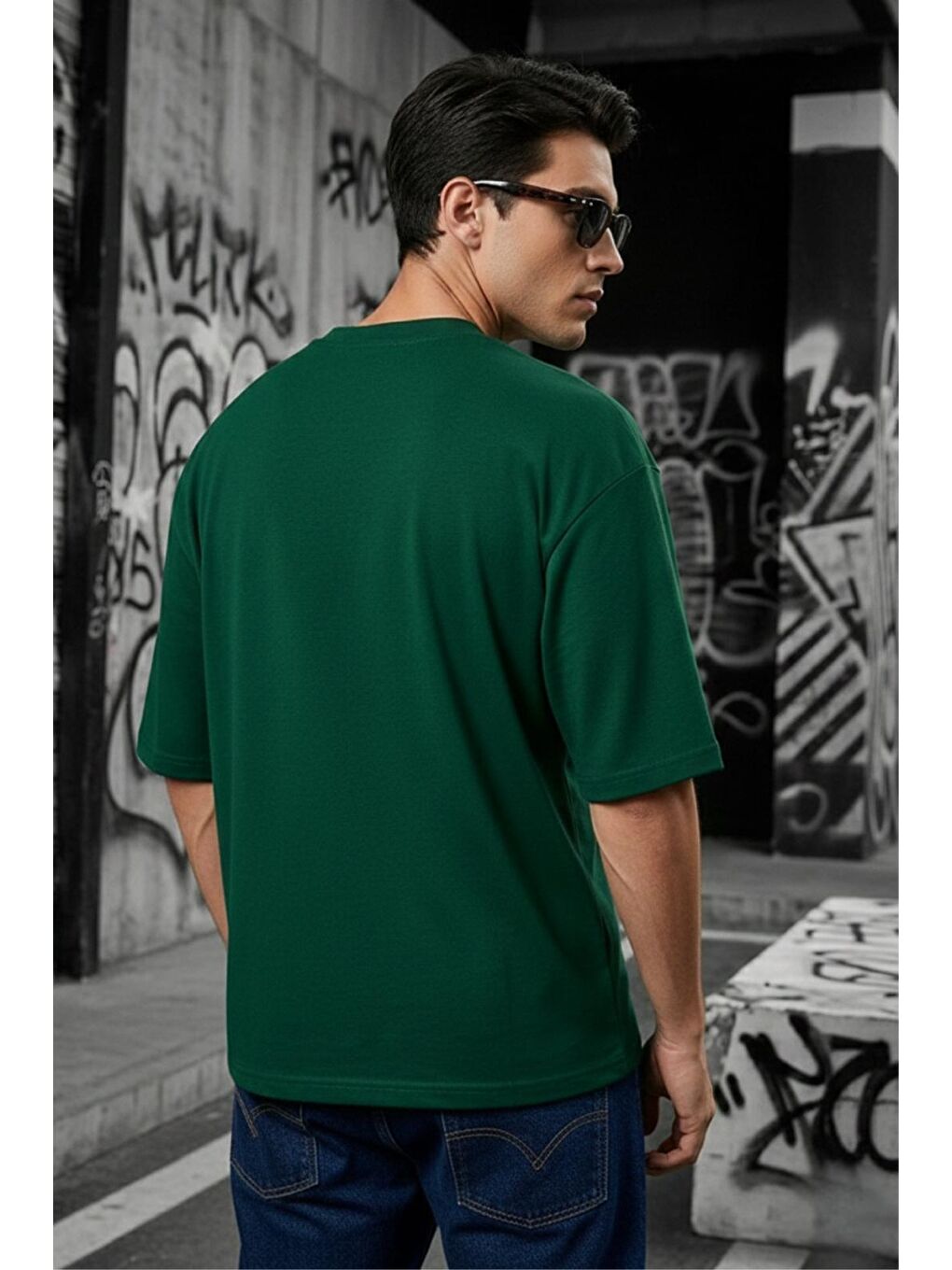 Yeşil Benriy Erkek Oversize Basic Bisiklet Yaka Pamuklu T-Shirt Rahat Kesim Unisex Sevgili Kombini-2