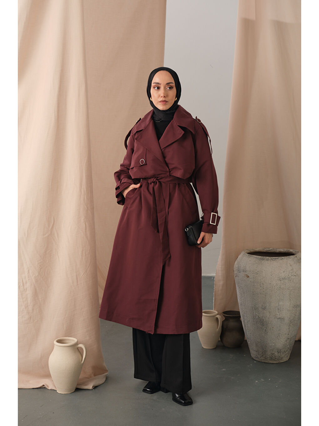 Kadın Kol Bilek Detay Bağlamalı Trençkot Bordo-3