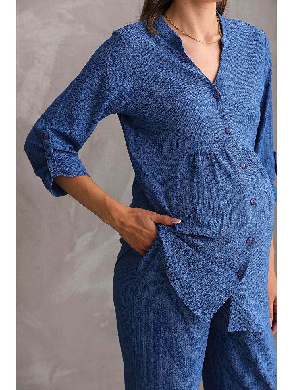 Saks Mavi Önden Düğmeli V yaka Hamile ve Lohusa Alt Üst Takım-3