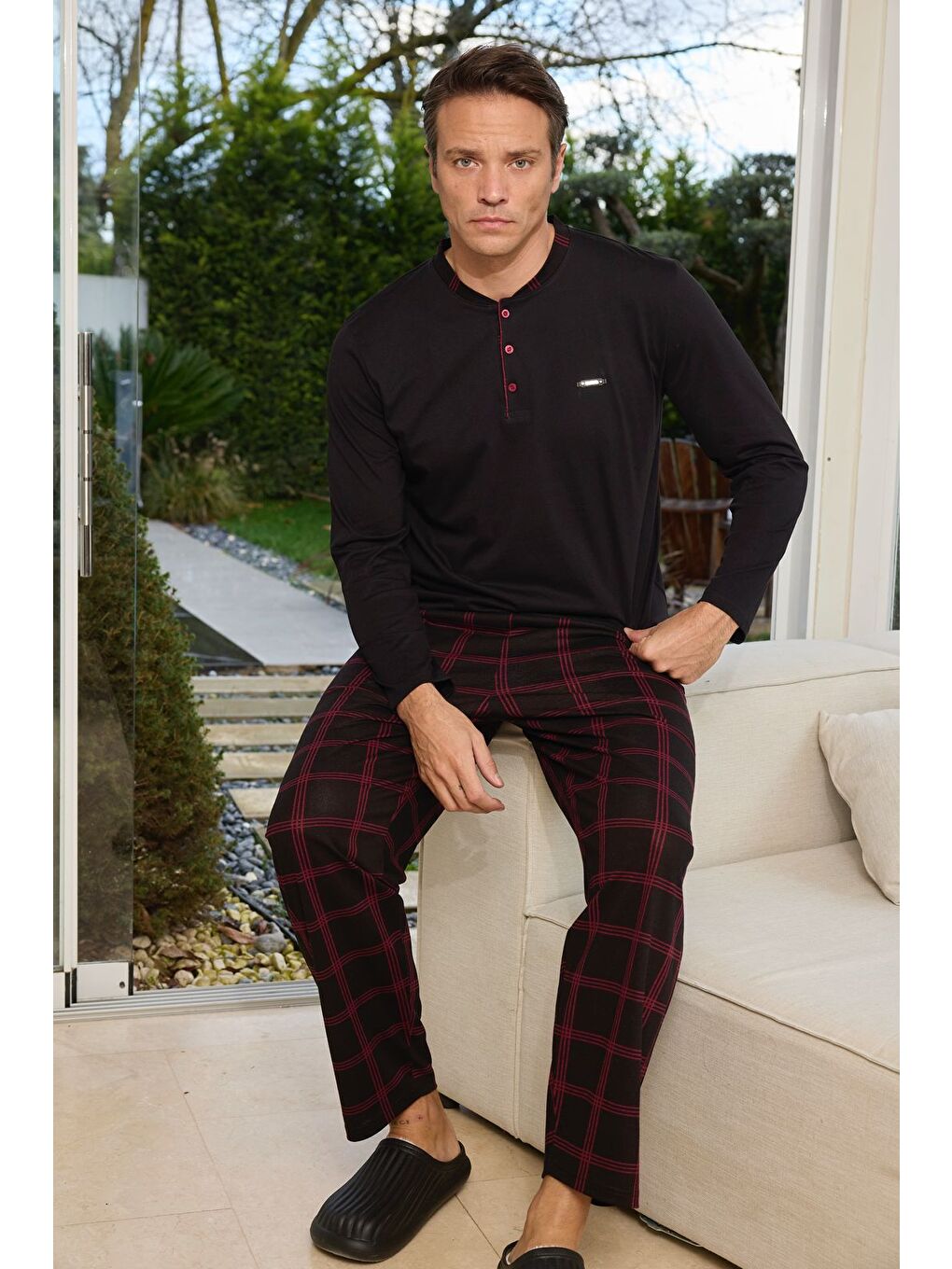 Siyah Erkek %100 Doğal Pamuk Ekoseli Uzun Kollu Baskılı Kaliteli Pijama Takımı-1