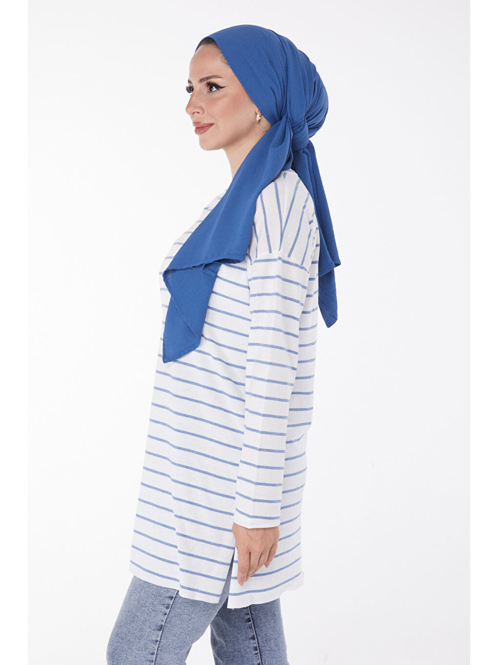 Çİzgili Yırtmaçlı Tunik Acik Mavi - 27134-3