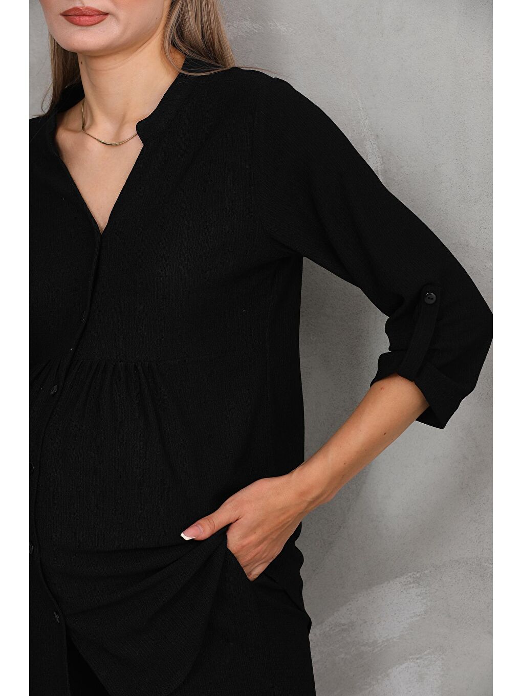 Siyah Önden Düğmeli V yaka Hamile ve Lohusa Alt Üst Takım-3