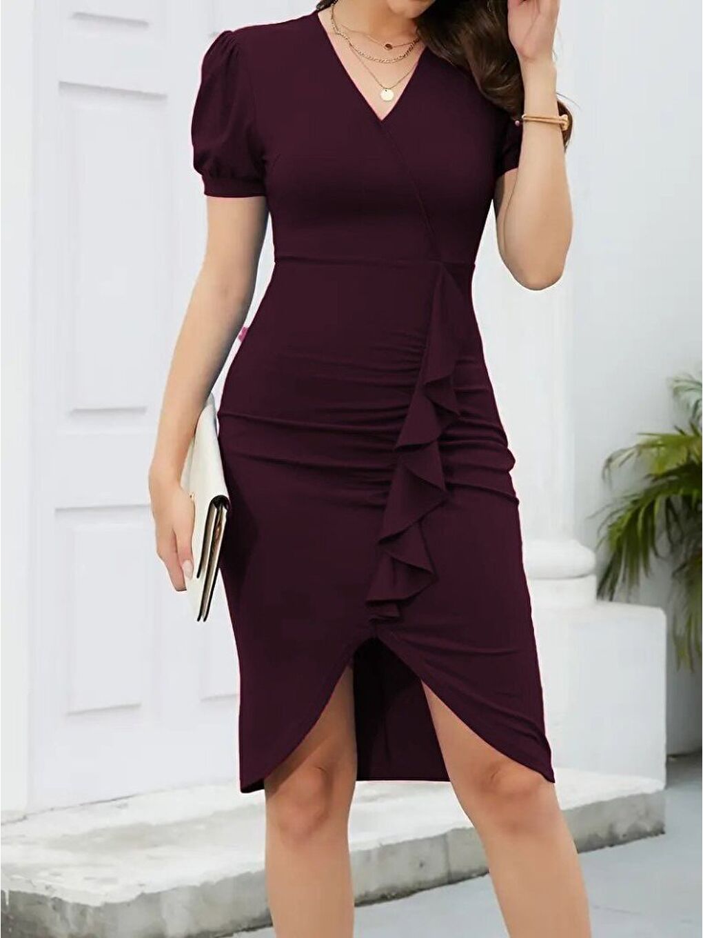 Bordo Kadın Kısa Kollu V Yakalı önden Fırfırlı Ithal Krep Elbise-4