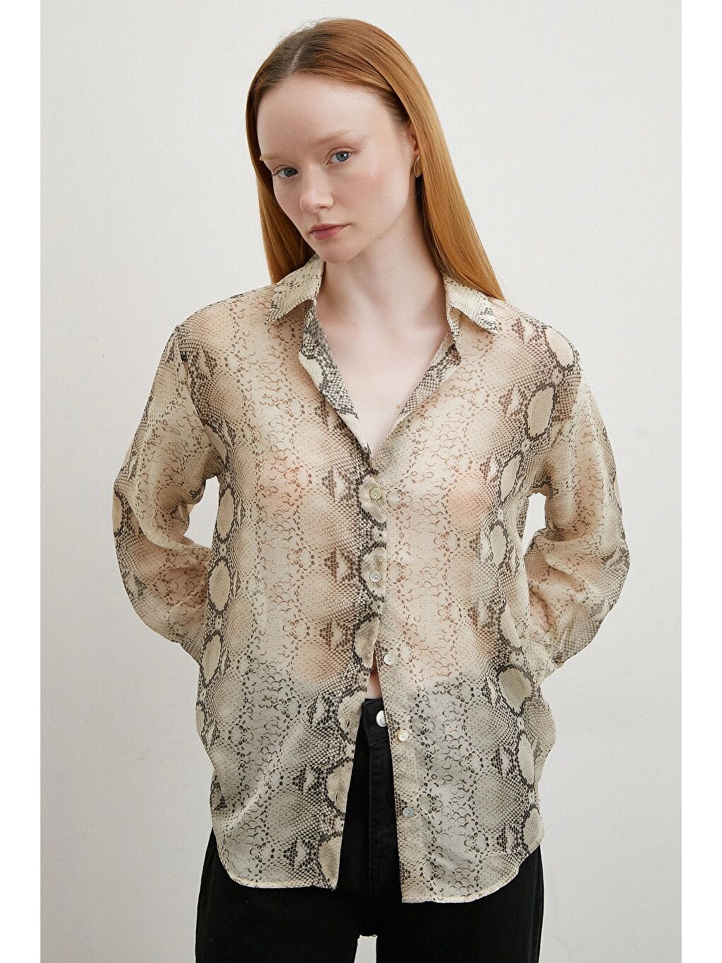 Yılan Derisi Desenli Tül Gömlek Bej-5