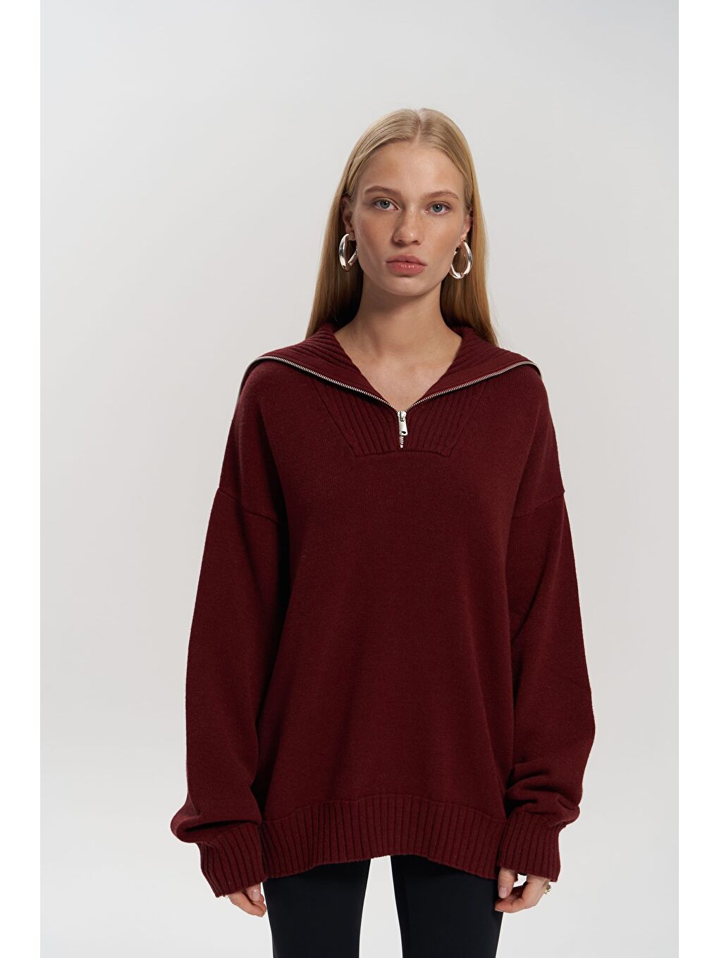 Lorna Fermuarlı Bordo Triko Kazak-1