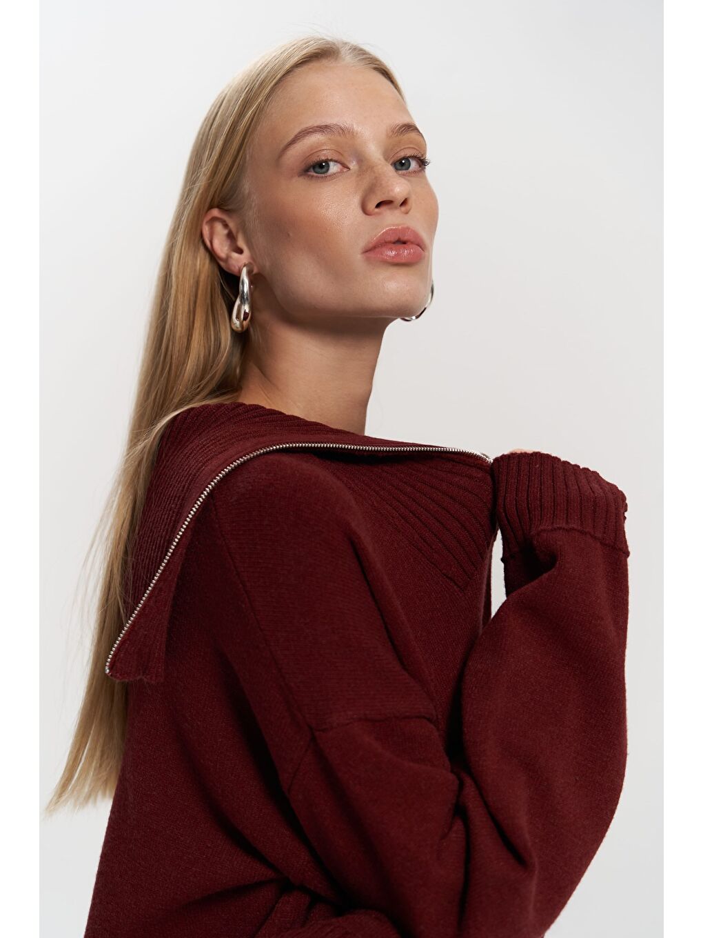 Lorna Fermuarlı Bordo Triko Kazak-2