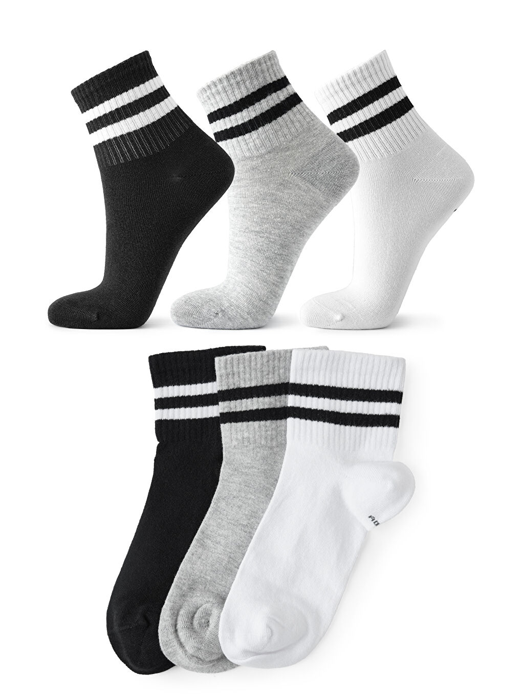 Unisex Siyah Gri Beyaz 3 Çift Şeritl Pamuklu Kolej Çorap