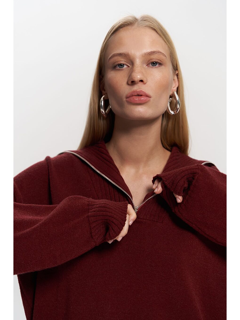 Lorna Fermuarlı Bordo Triko Kazak-3