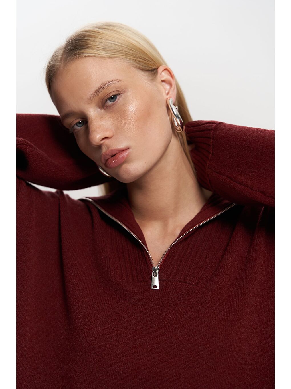 Lorna Fermuarlı Bordo Triko Kazak-4