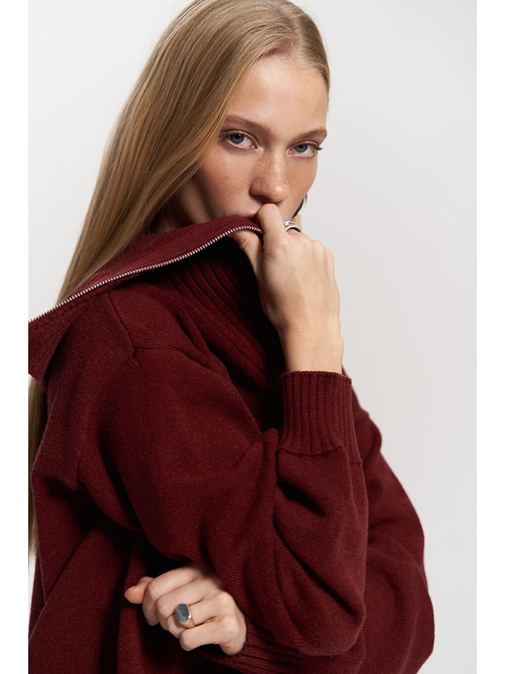 Lorna Fermuarlı Bordo Triko Kazak-5