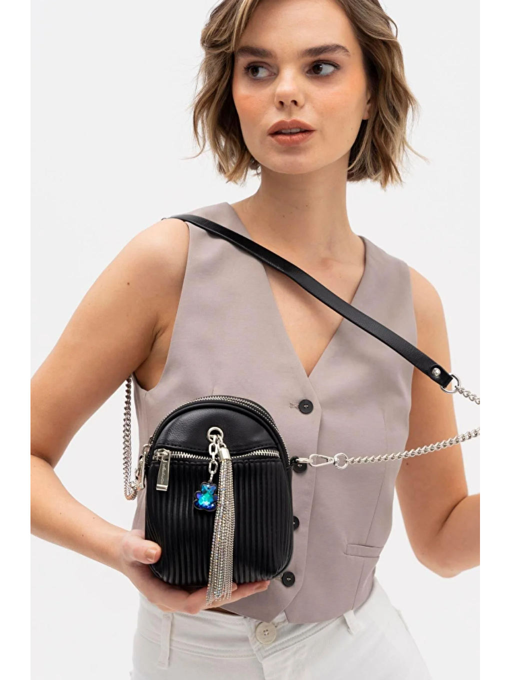 Siyah Zincir Aksesuar Detaylı Kadın Çapraz Çanta BYN1040-1