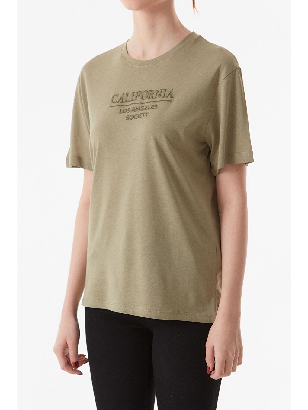 Haki California Nakışlı Oversize Tişört-4