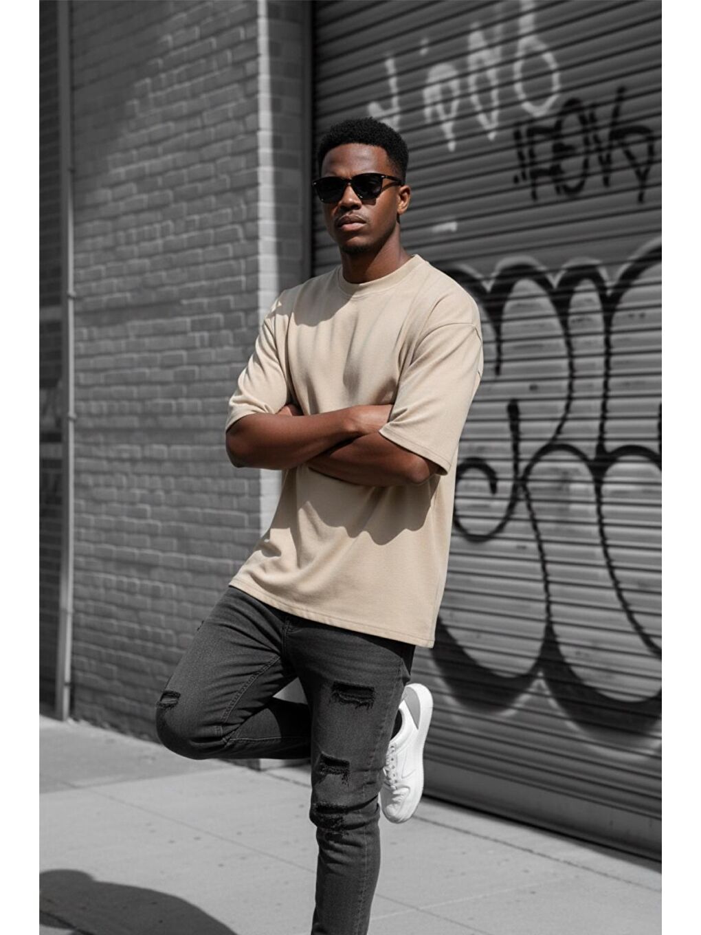 Bej Benriy Erkek Oversize Basic Bisiklet Yaka Pamuklu T-Shirt Rahat Kesim Unisex Sevgili Kombini-1