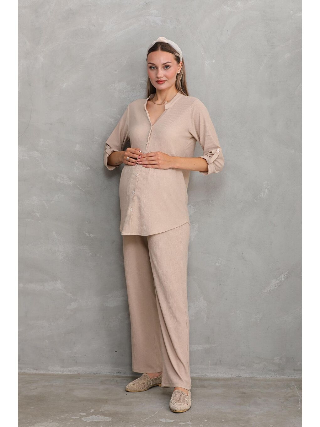 Bej Önden Düğmeli V yaka Hamile ve Lohusa Alt Üst Takım