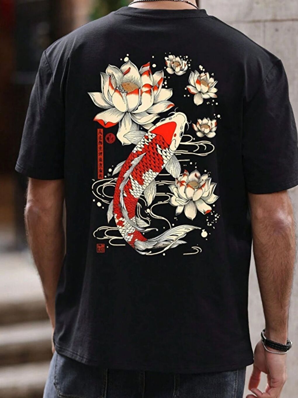 Kadın Erkek Unisex Siyah Korea Fish Özel Baskılı Regular Tişört-1