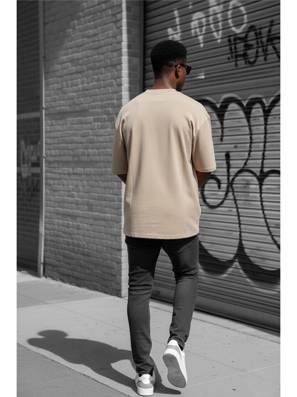 Bej Benriy Erkek Oversize Basic Bisiklet Yaka Pamuklu T-Shirt Rahat Kesim Unisex Sevgili Kombini-2